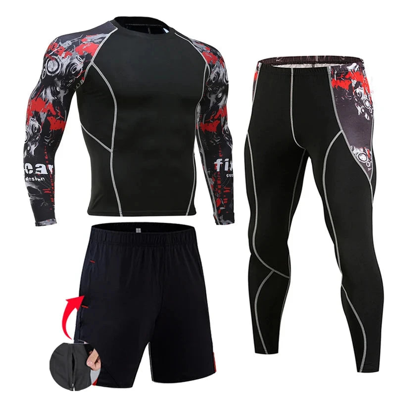 Men's compression sportswear set with black base and red skull graphic sleeves, includes long-sleeve top, tights, and shorts for gym or running.