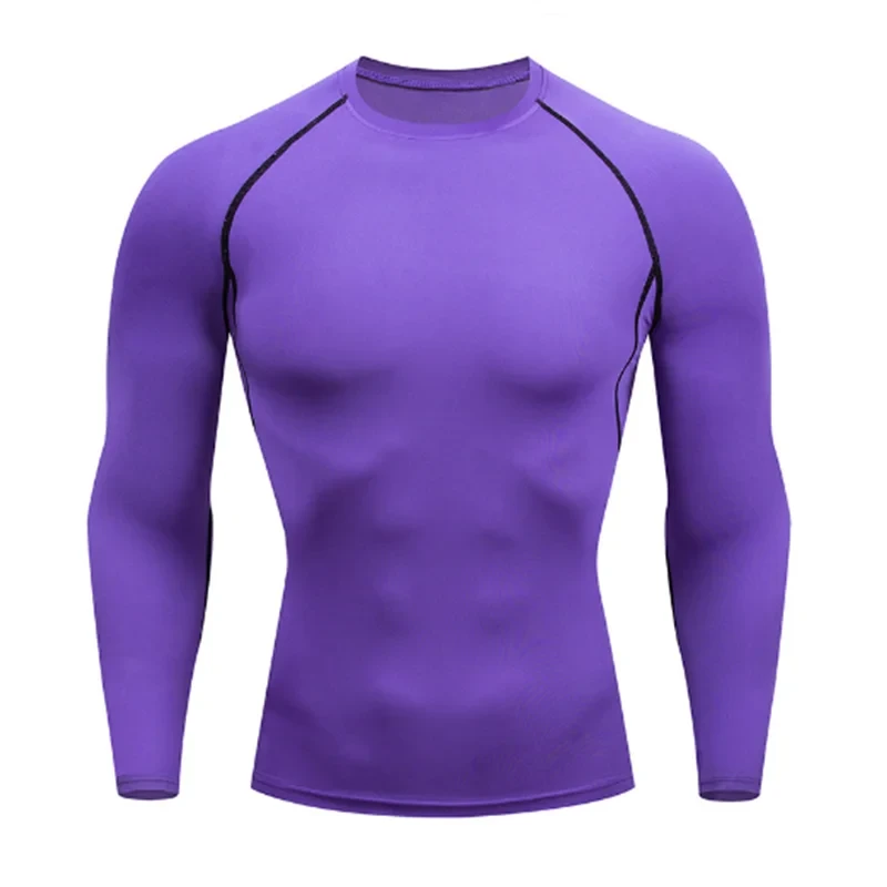 Purple long-sleeve compression shirt from Men's Sports Suit Running fitne male Quick drying Sportswear Compression Clothing Fitness Training kit.