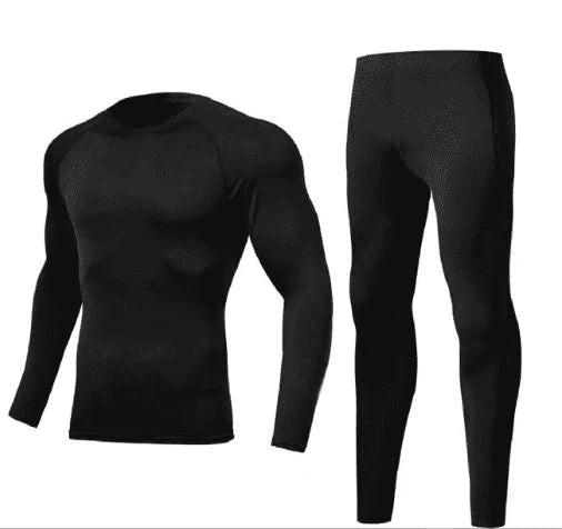 Plain black Men Bodybuilding Sportswear Clothes Fitness Suit with compression top and pants for gym, running, and training.