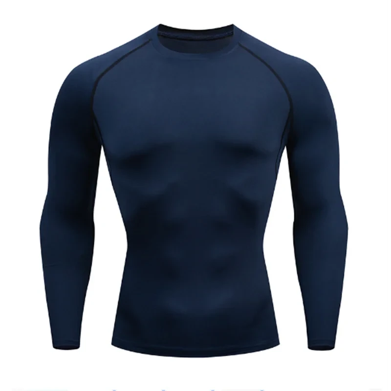 Navy blue long-sleeve compression top from Men's Sports Suit Running fitne male Quick drying Sportswear Compression Clothing Fitness Training kit.