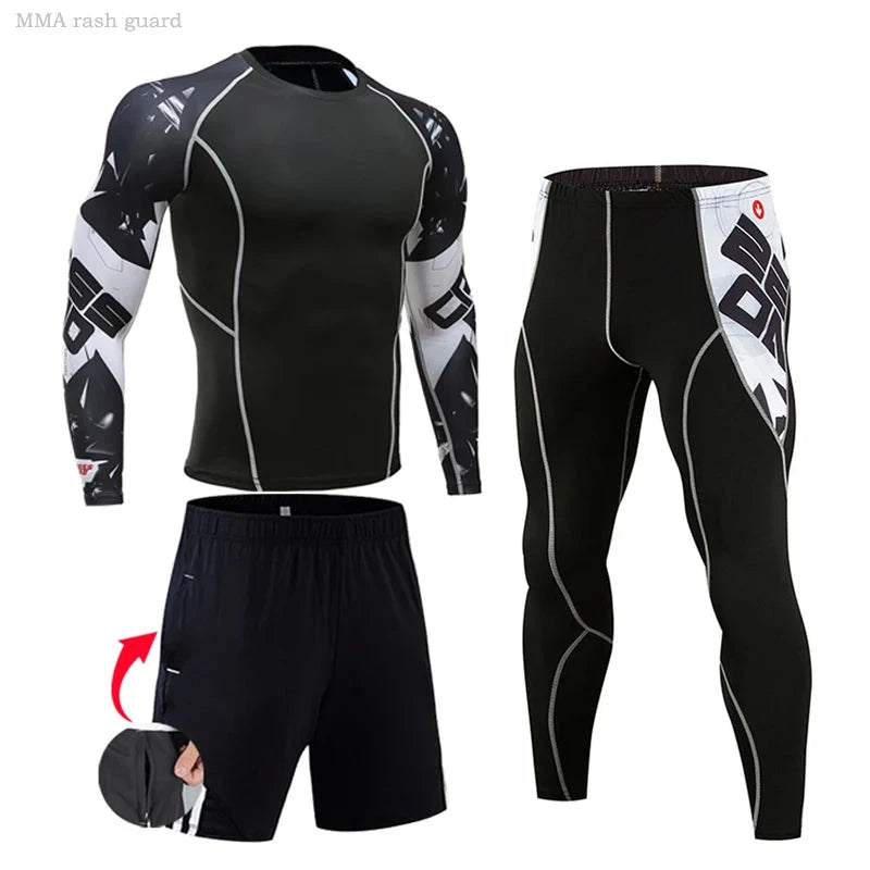 Men's compression sportswear with black and white graphic sleeves, includes long-sleeve top, tights, and shorts for training.