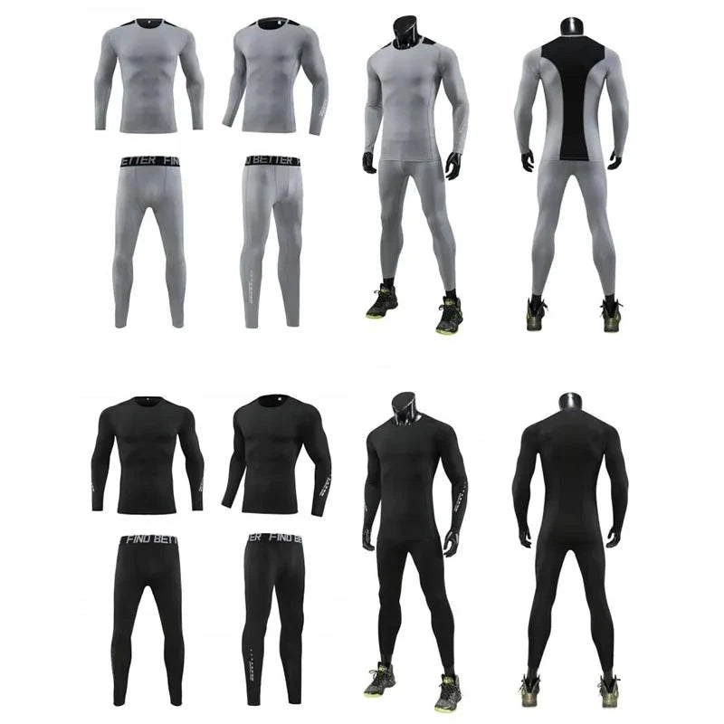 Men Bodybuilding Sportswear Clothes Fitness Suit in grey and black colors, featuring elastic compression tights and long-sleeve tops for gym workouts.