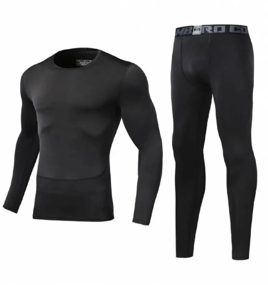 Plain black Men Bodybuilding Sportswear Clothes Fitness Suit with compression fit and 'COMBAT' waistband for gym workouts.
