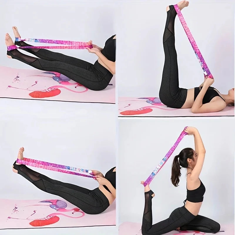 Woman demonstrating yoga poses using a pink adjustable yoga mat strap for stretching and flexibility training. Great for home workouts and yoga sessions.