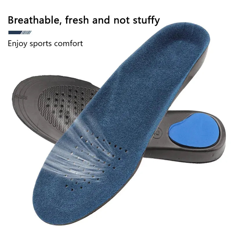 Orthotic shoe insoles providing arch support and comfort, shown with a foot demonstrating proper placement