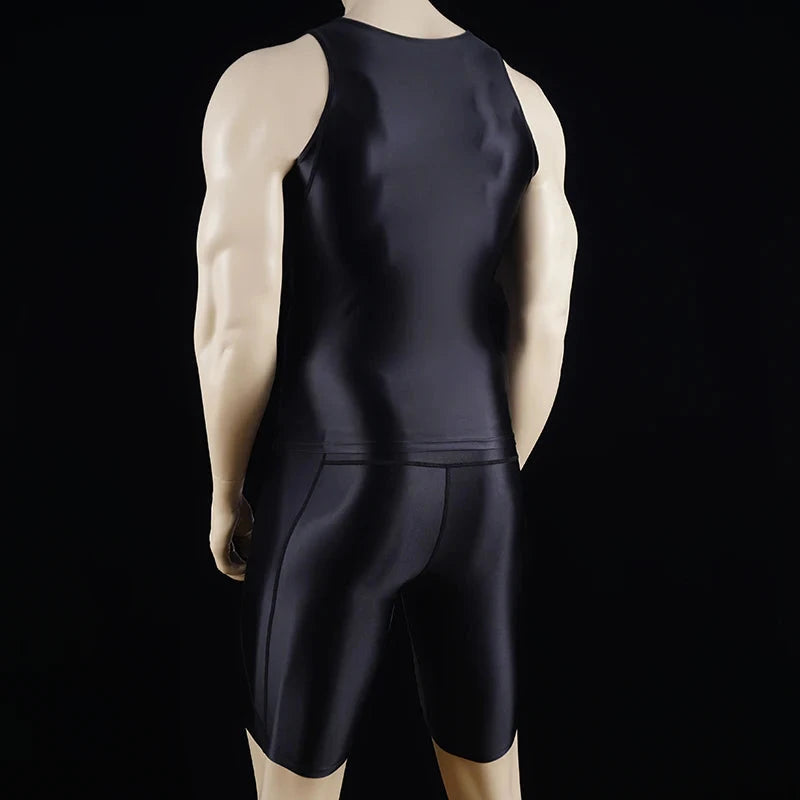 Men Thin Fitness vest Tights suit Slim Bottoms Satin Glossy Leggings Streetwear Athletic Shorts Quick-drying Compression Pants
