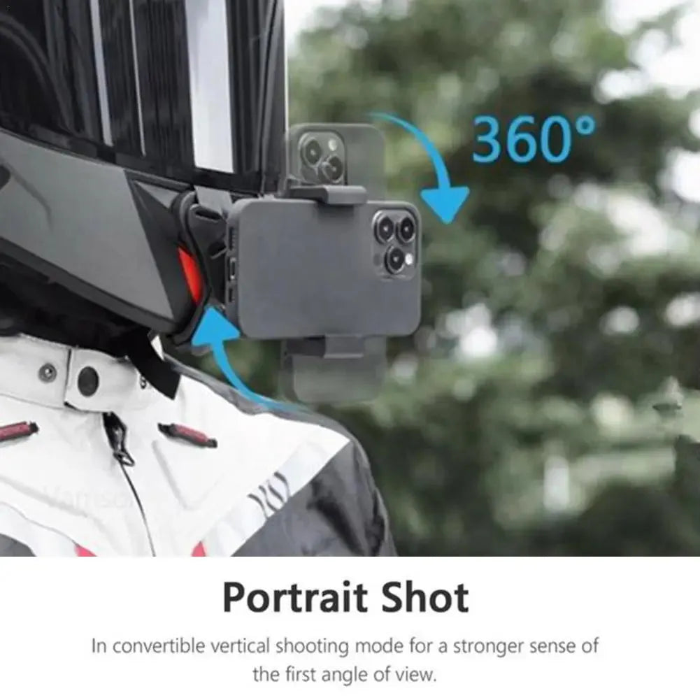 Helmet holder accessory mounted on motorcycle helmet with mobile phone in vertical 360° rotation for portrait shots.