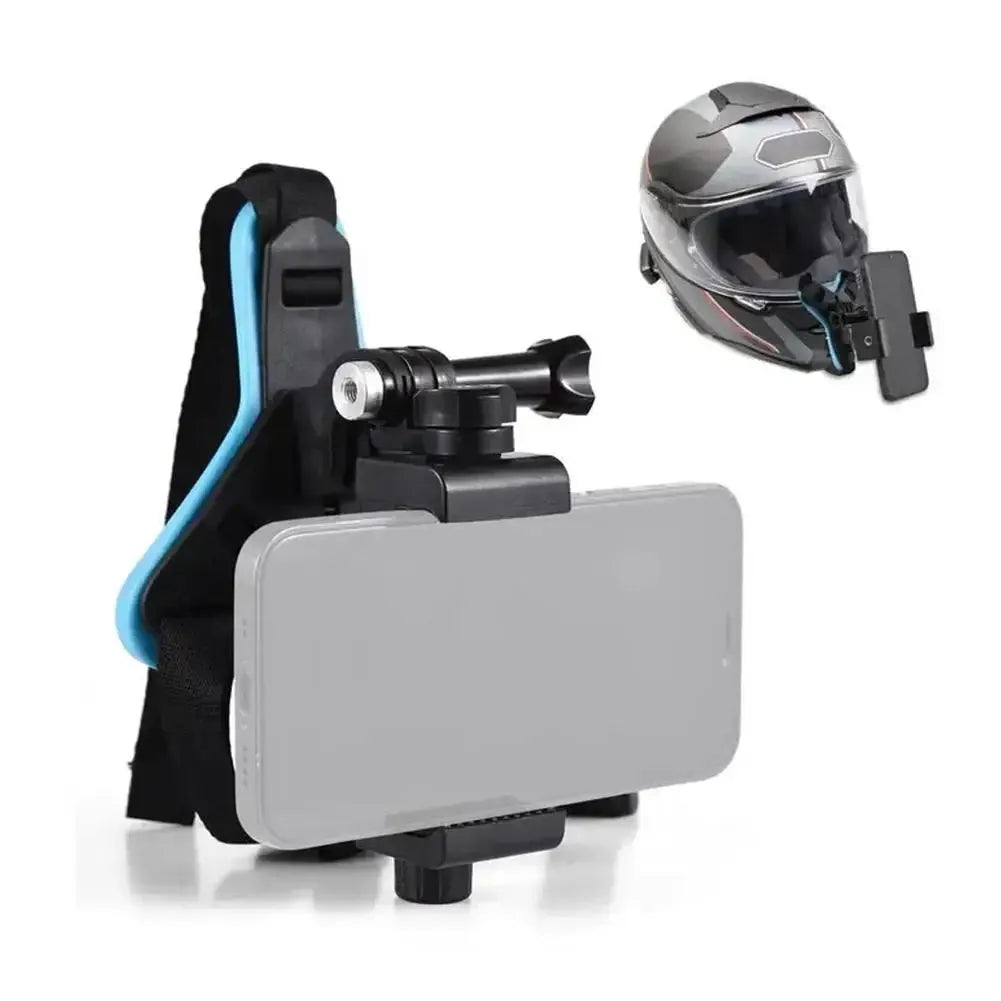 Helmet chin mount with phone holder and action camera attachment shown with helmet for motorcycle use.