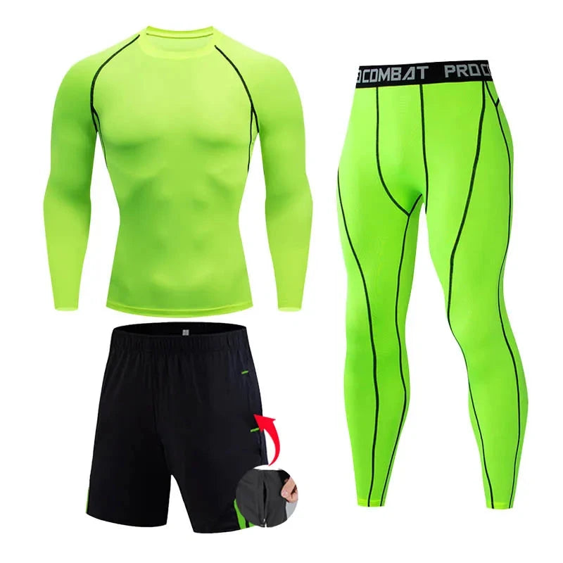 Neon green men's compression sportswear set with black shorts, includes long-sleeve top and tights for gym or running.