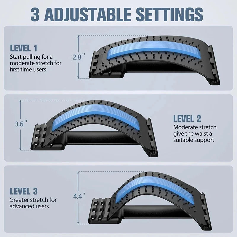 Three adjustable settings of Four Level Adjustable Massager with Back Stretcher Waist Neck Support for different stretch intensities.