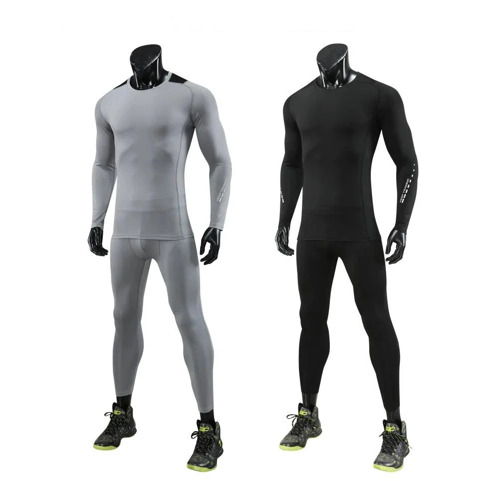 Full-body view of grey and black Men Bodybuilding Sportswear Clothes Fitness Suit with compression fit for gym and running.