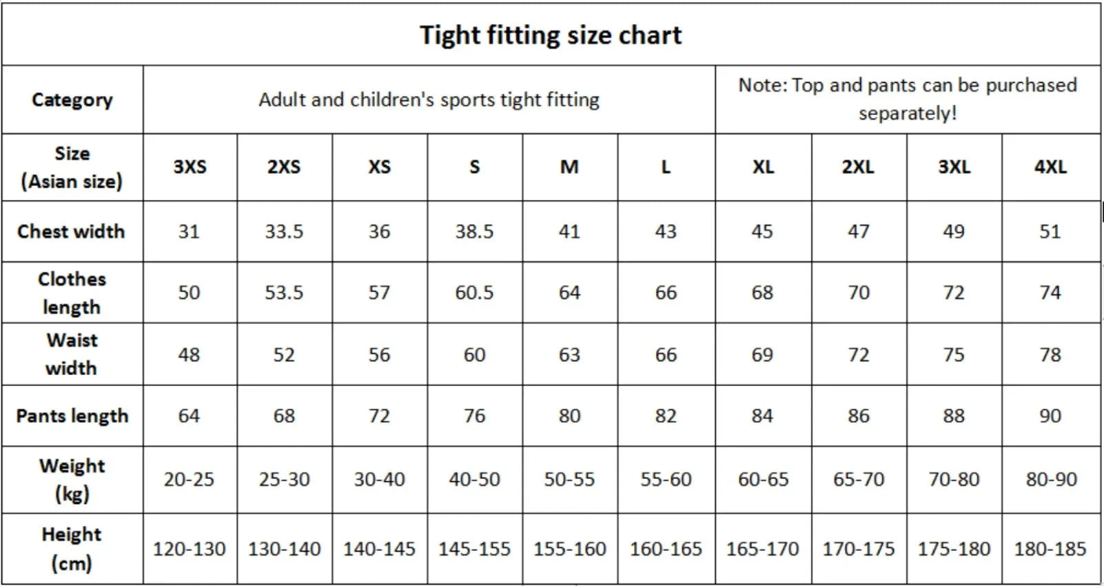 Detailed size chart for Men Bodybuilding Sportswear Clothes Fitness Suit, listing measurements and recommended height and weight ranges.