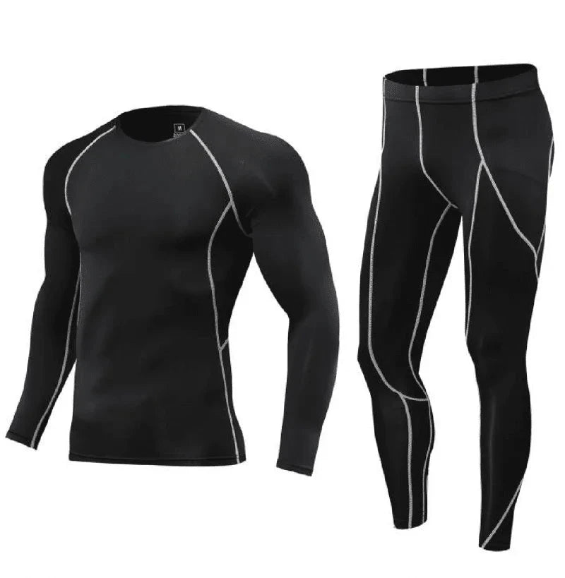 Black Men Bodybuilding Sportswear Clothes Fitness Suit with white stitching for contrast and compression fit for athletic use.