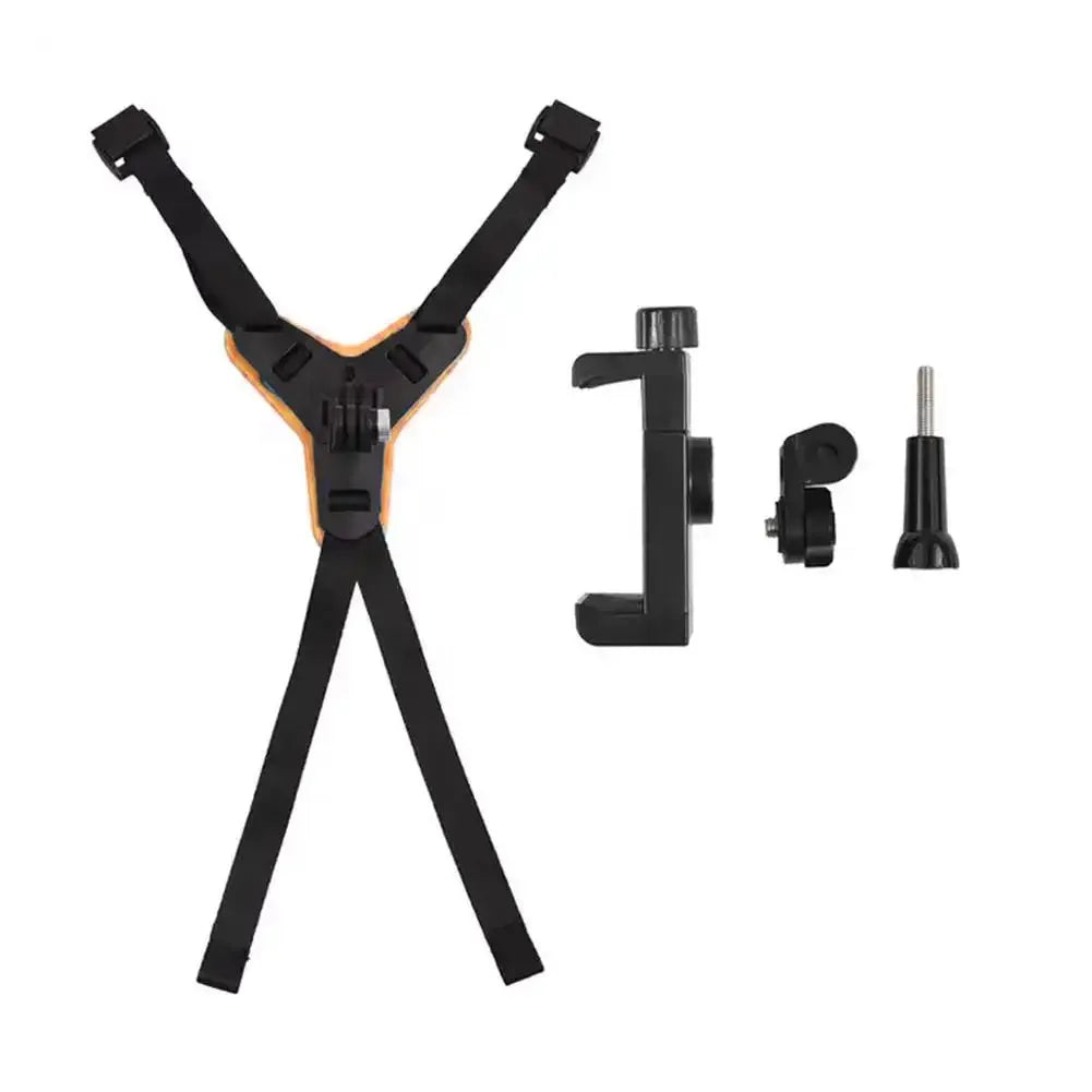Orange motorcycle helmet chin strap mount kit with phone holder and mounting screw accessories.