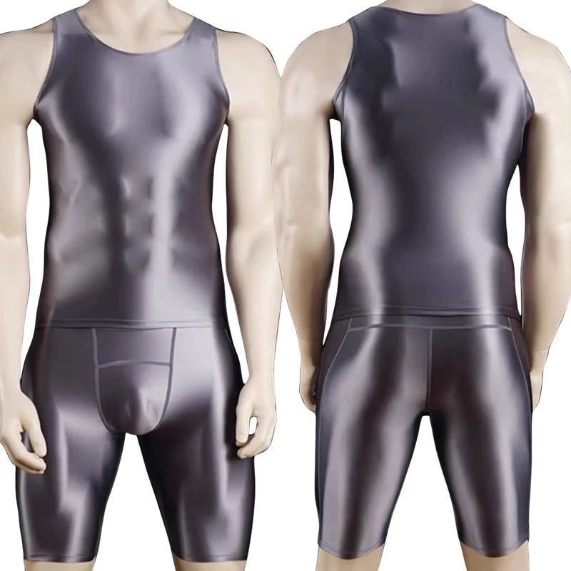 Men Thin Fitness vest Tights suit Slim Bottoms Satin Glossy Leggings Streetwear Athletic Shorts Quick-drying Compression Pants