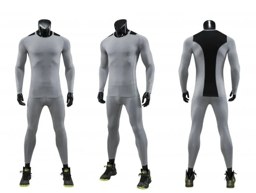 Grey Men Bodybuilding Sportswear Clothes Fitness Suit shown from front, side, and back, highlighting compression fit and athletic design.