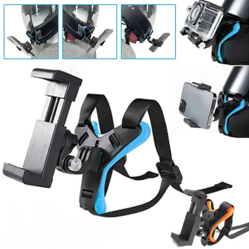Motorcycle helmet chin mount kit with phone and action camera holders, showing multiple helmet attachment views.
