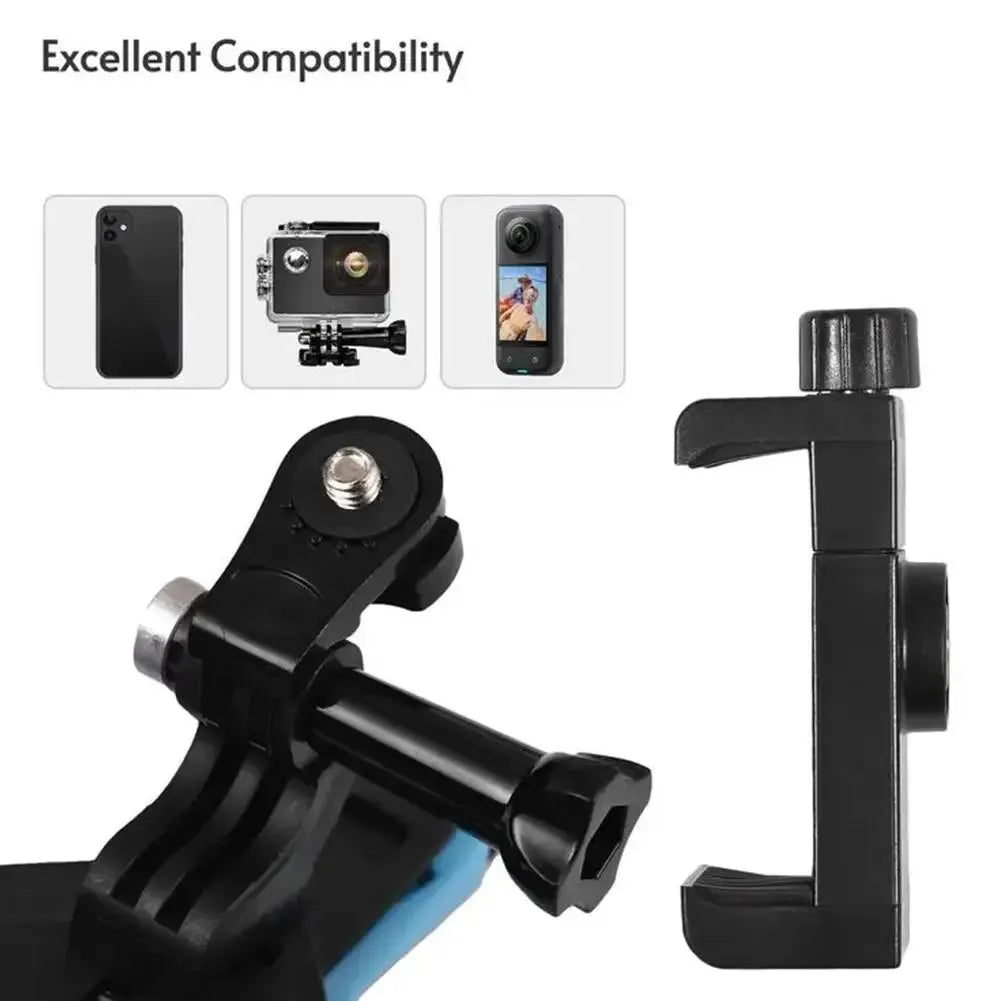 Helmet holder mount compatible with smartphones, action cameras, and 360° cameras for motorcycle use.