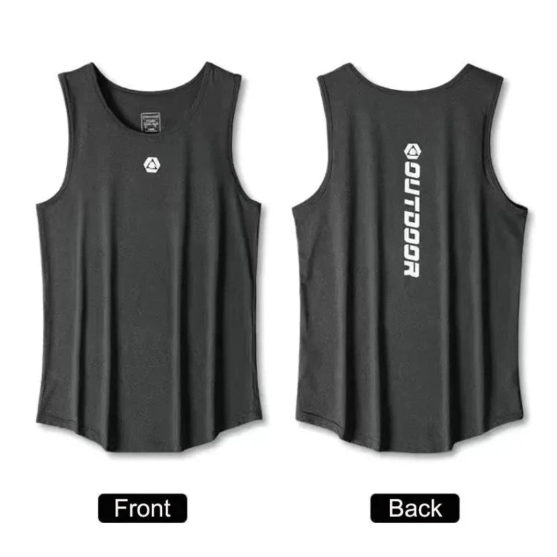 Black vest front and back views from men's summer quick drying sport suit set, ideal for fitness, running, and outdoor training.