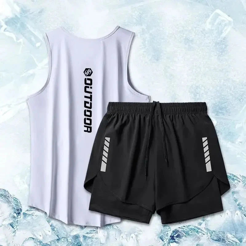 White vest and black shorts from men's summer quick drying two-piece sport suit set, designed for breathable fitness performance.