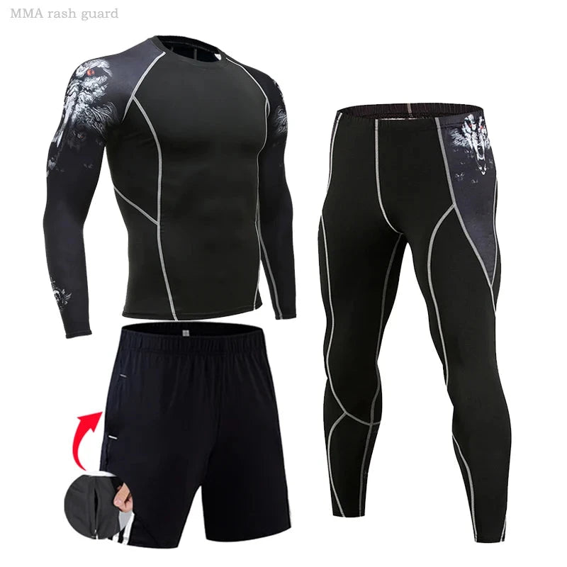 Black men's compression suit with white claw sleeve graphics, includes long-sleeve top, tights, and shorts for running or MMA.