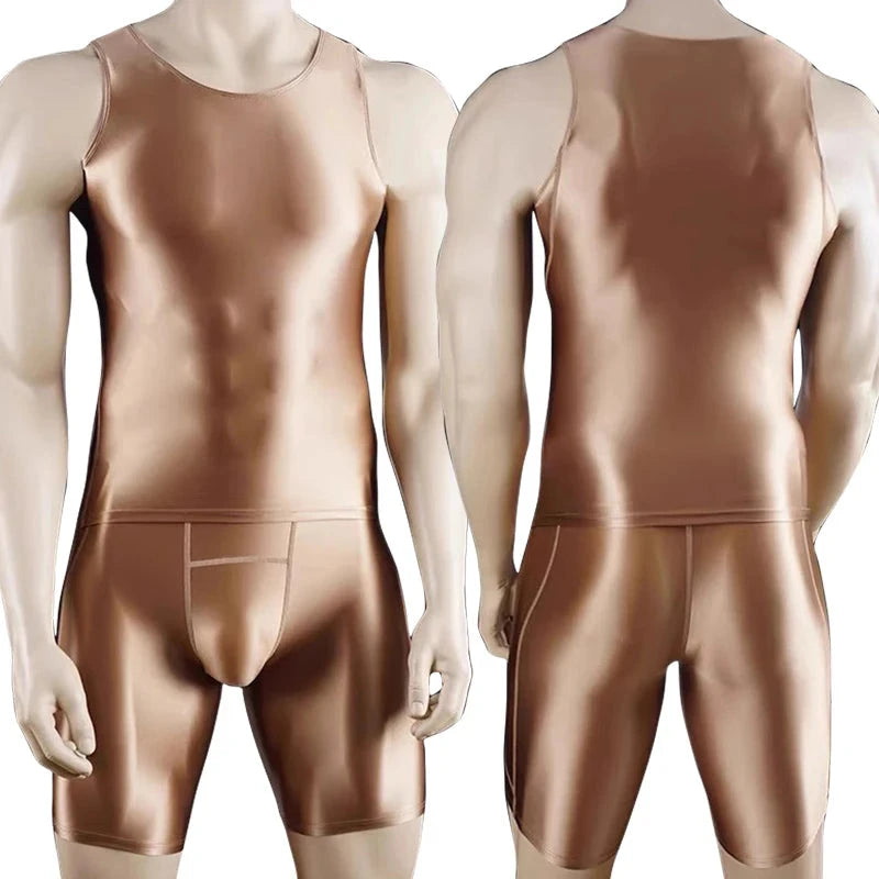 Men Thin Fitness vest Tights suit Slim Bottoms Satin Glossy Leggings Streetwear Athletic Shorts Quick-drying Compression Pants