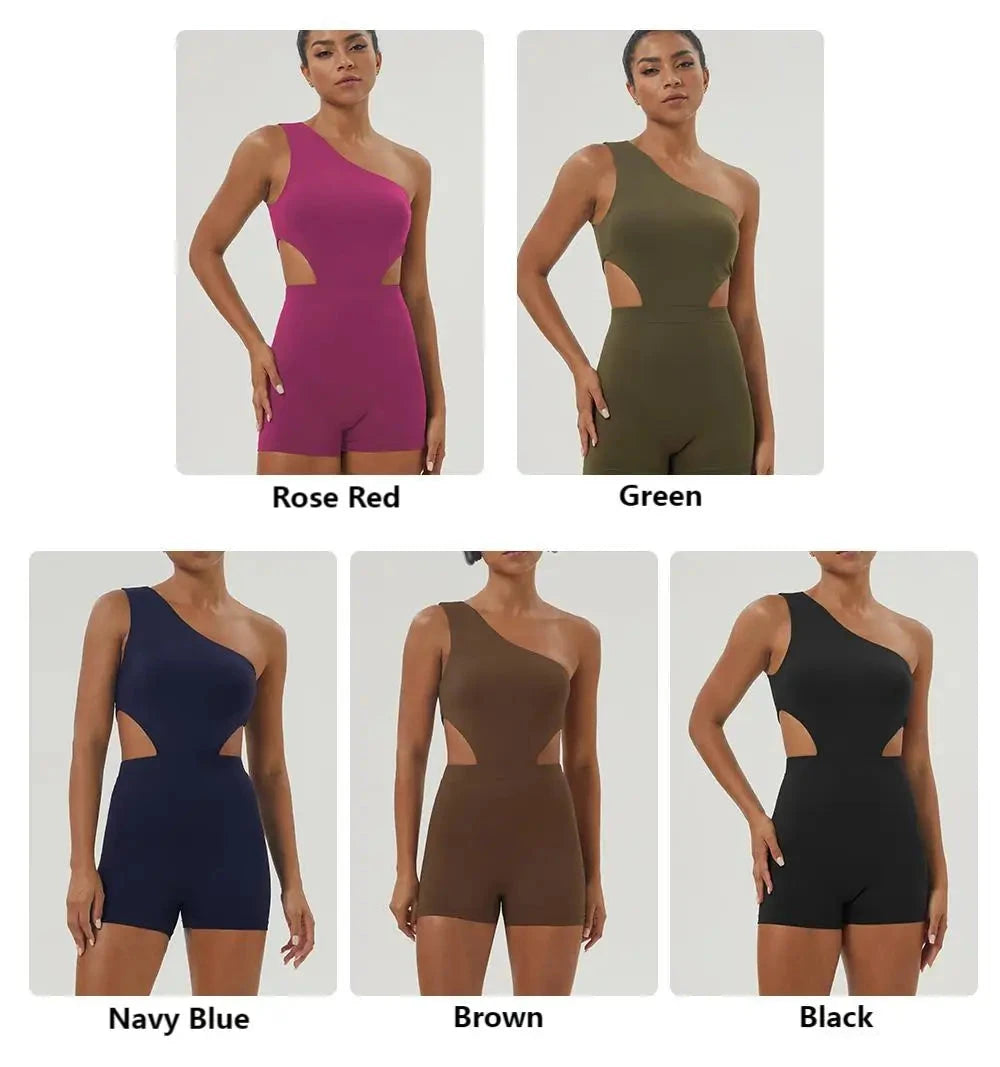 Color options for Women One-Shoulder Sport Bodyduit Jumpsuit including rose red, green, navy blue, brown, and black.