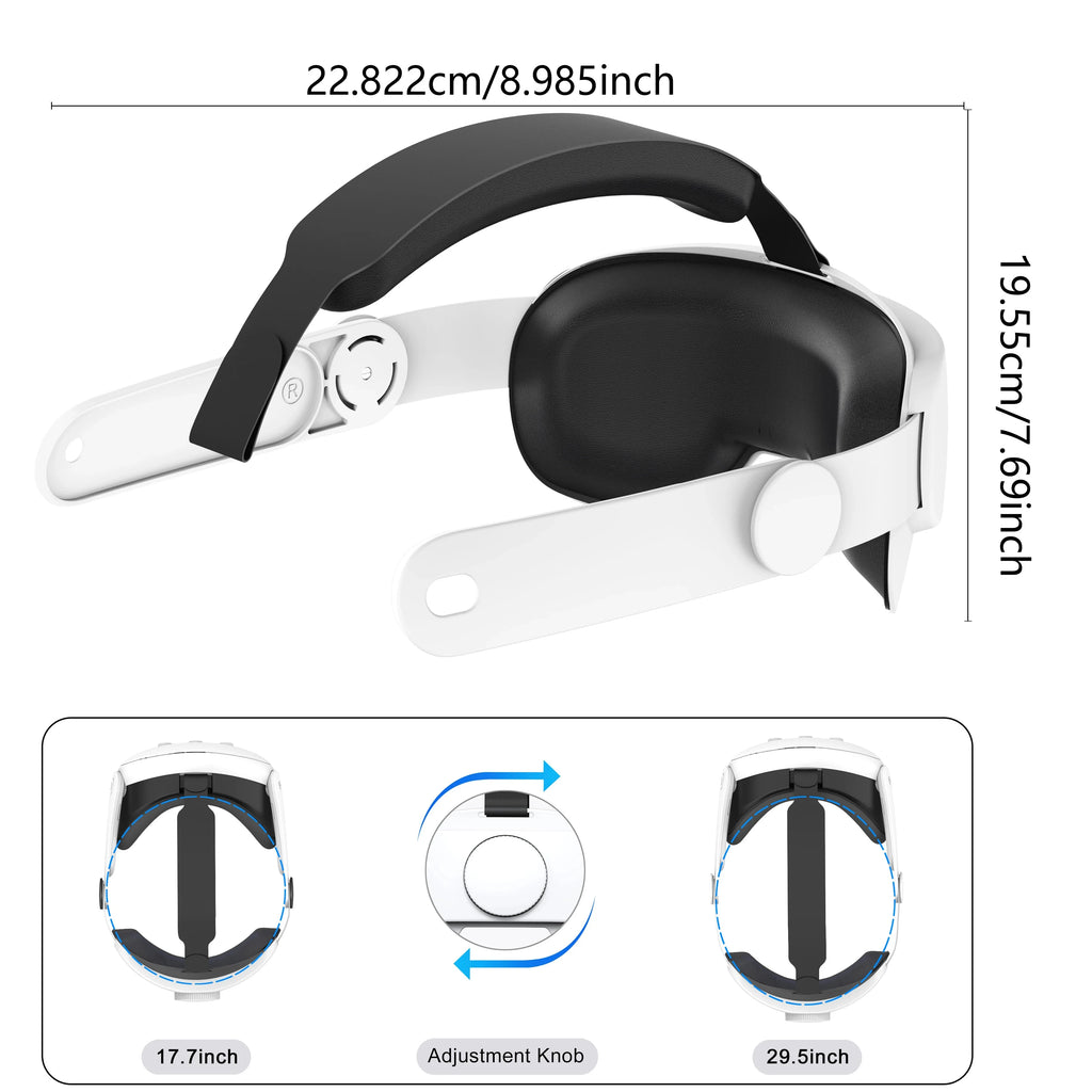White VR head strap for Quest 2 with detailed dimensions and adjustable knob for personalized fit.