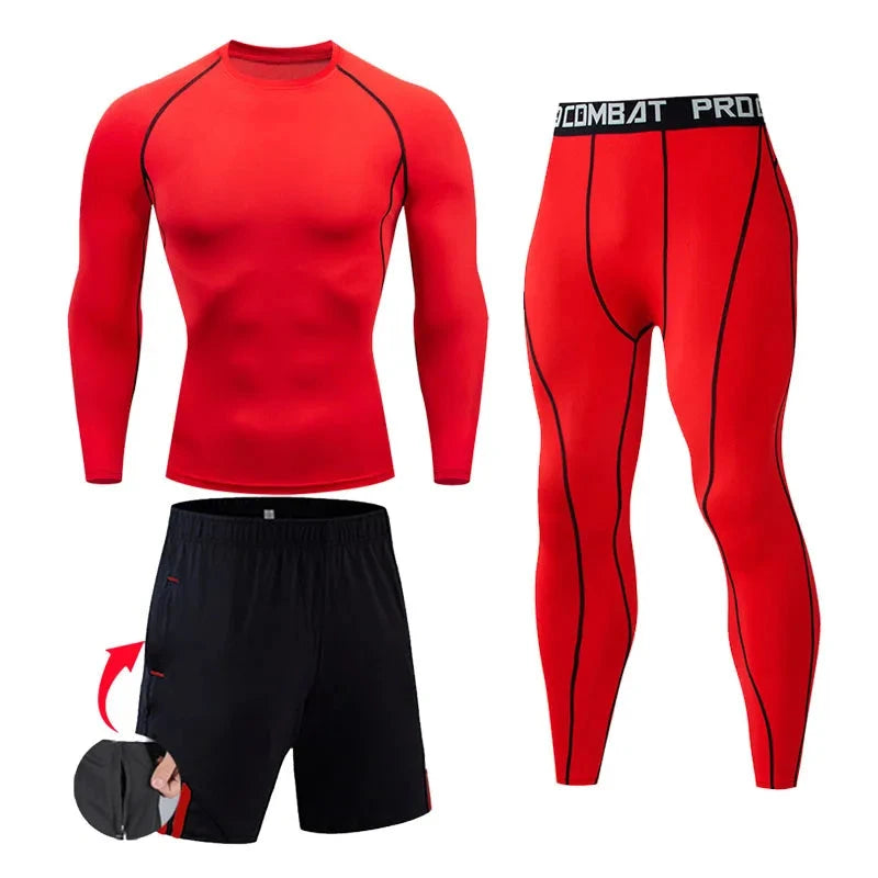 Bright red men's compression sportswear set with black shorts, includes long-sleeve top and tights for gym or athletic training.