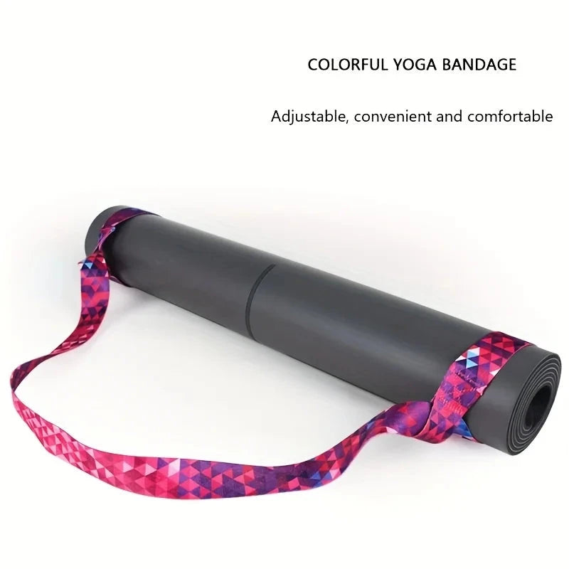 Black rolled yoga mat with colorful adjustable yoga strap for easy transport. Comfortable and stylish yoga mat bundle strap for everyday use.