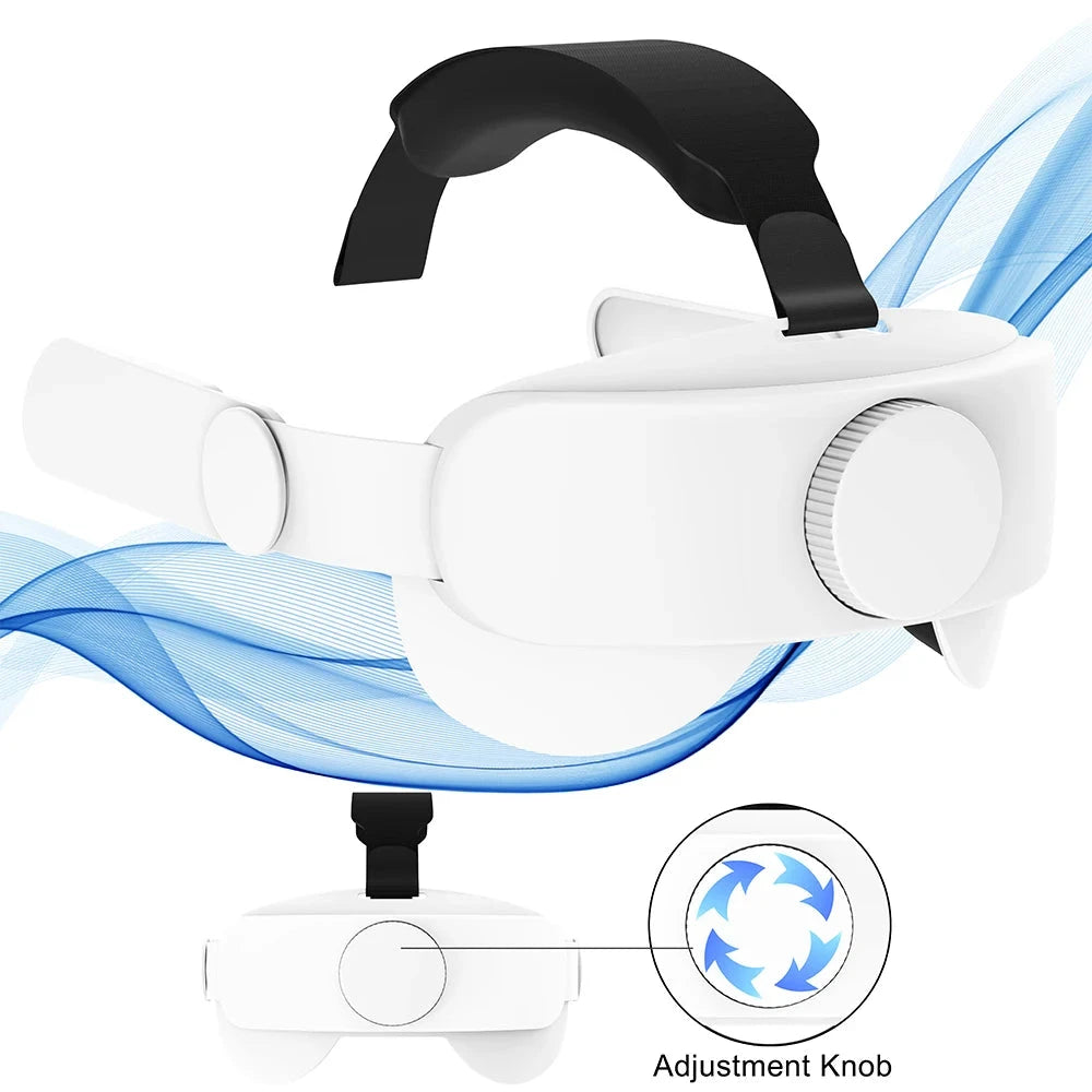 Adjustable VR head strap for Quest 2 with side dial for easy fit customization and breathable top padding.