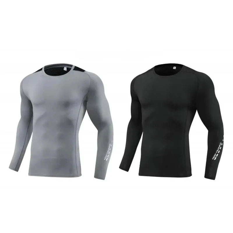 Long-sleeve compression tops in grey and black for Men Bodybuilding Sportswear Clothes Fitness Suit, designed for muscle support and performance.