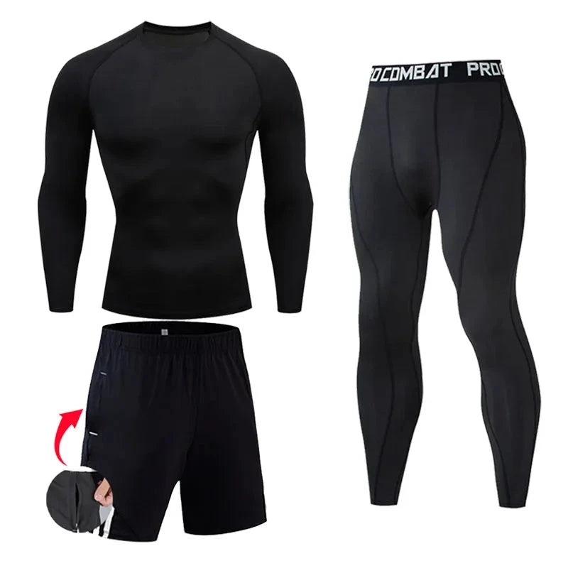 All-black men's compression gym set with long-sleeve top, tights, and shorts, ideal for bodybuilding or running.