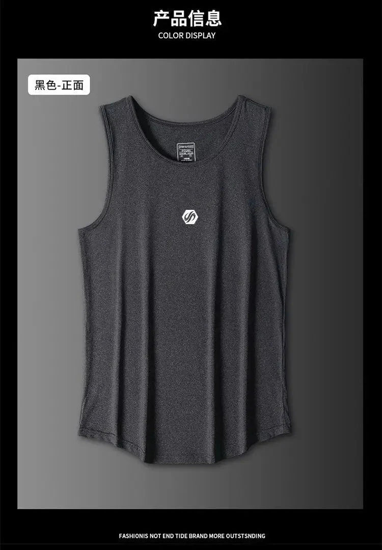 Front view of black quick drying vest from men's summer sport suit set, designed for fitness and running with breathable fabric.