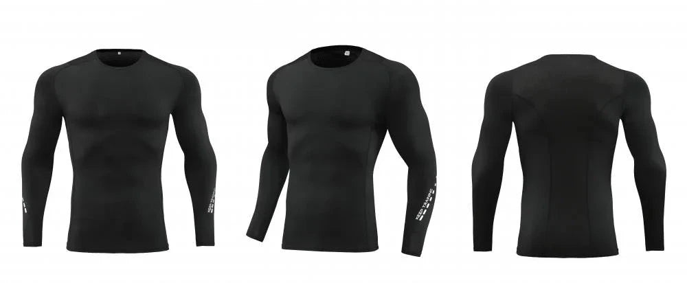 Black compression long-sleeve top from Men Bodybuilding Sportswear Clothes Fitness Suit shown from front, side, and back views.