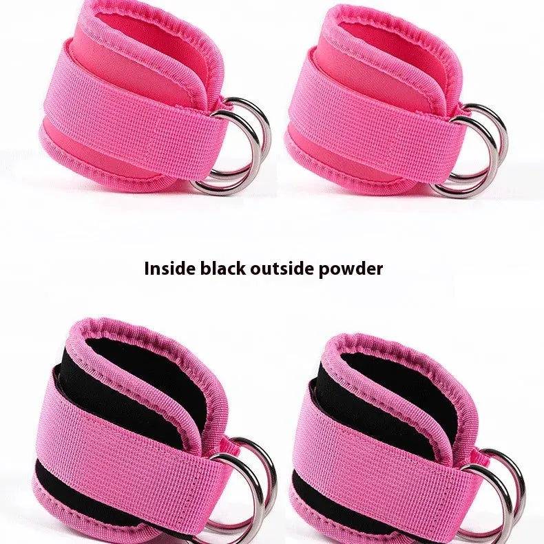 Pink and black fitness ankle straps with double D-rings for leg and buttocks training. Ideal for resistance rope accessories and gym workouts.