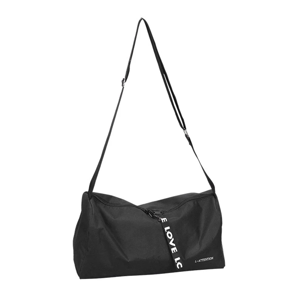 Black outdoor fitness gym bag with LOVE zipper pull and adjustable strap, designed for unisex travel and sports activities.