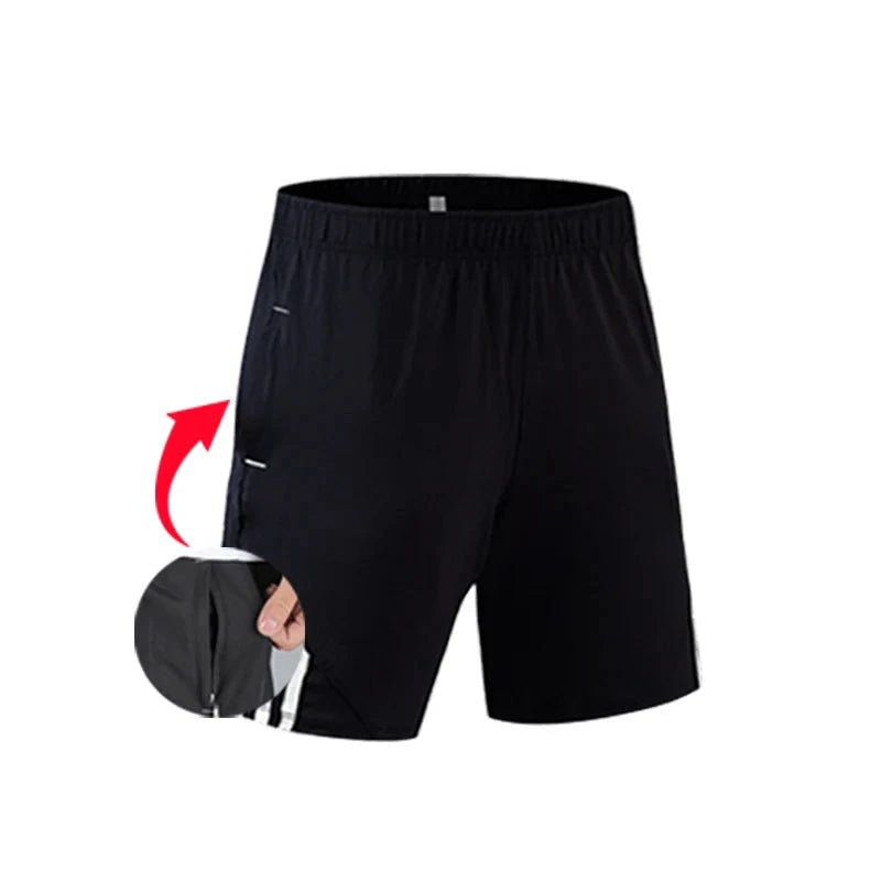 Black men's workout shorts with zippered pocket detail, ideal for pairing with compression tops and tights for gym use.