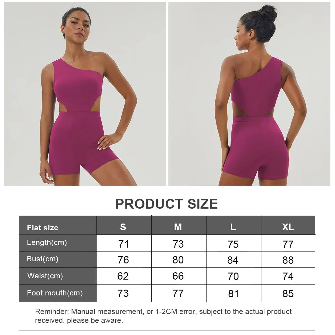 Size chart for Women One-Shoulder Sport Bodyduit Jumpsuit in rose red, showing measurements for S to XL in cm.