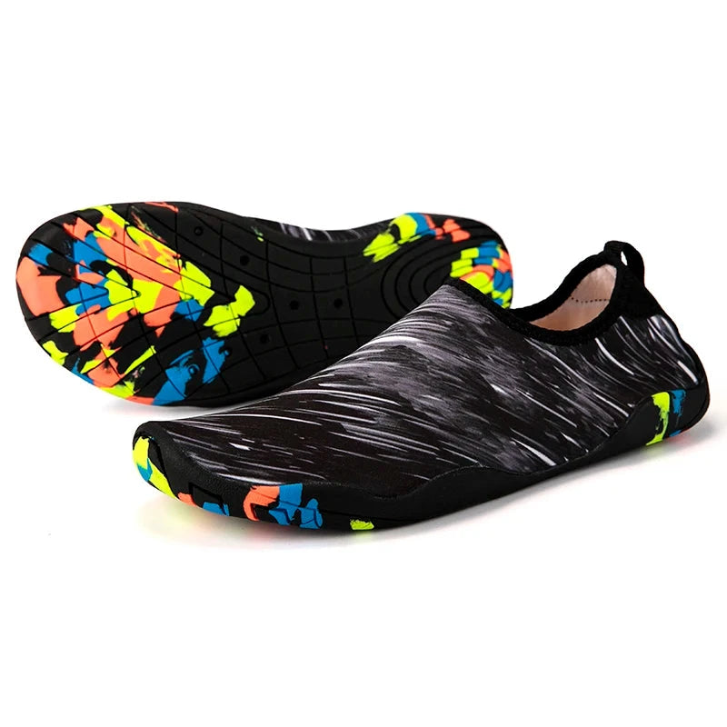 Unisex lightweight quick-drying beach aqua shoes with colorful non-slip soles for versatile outdoor activities.