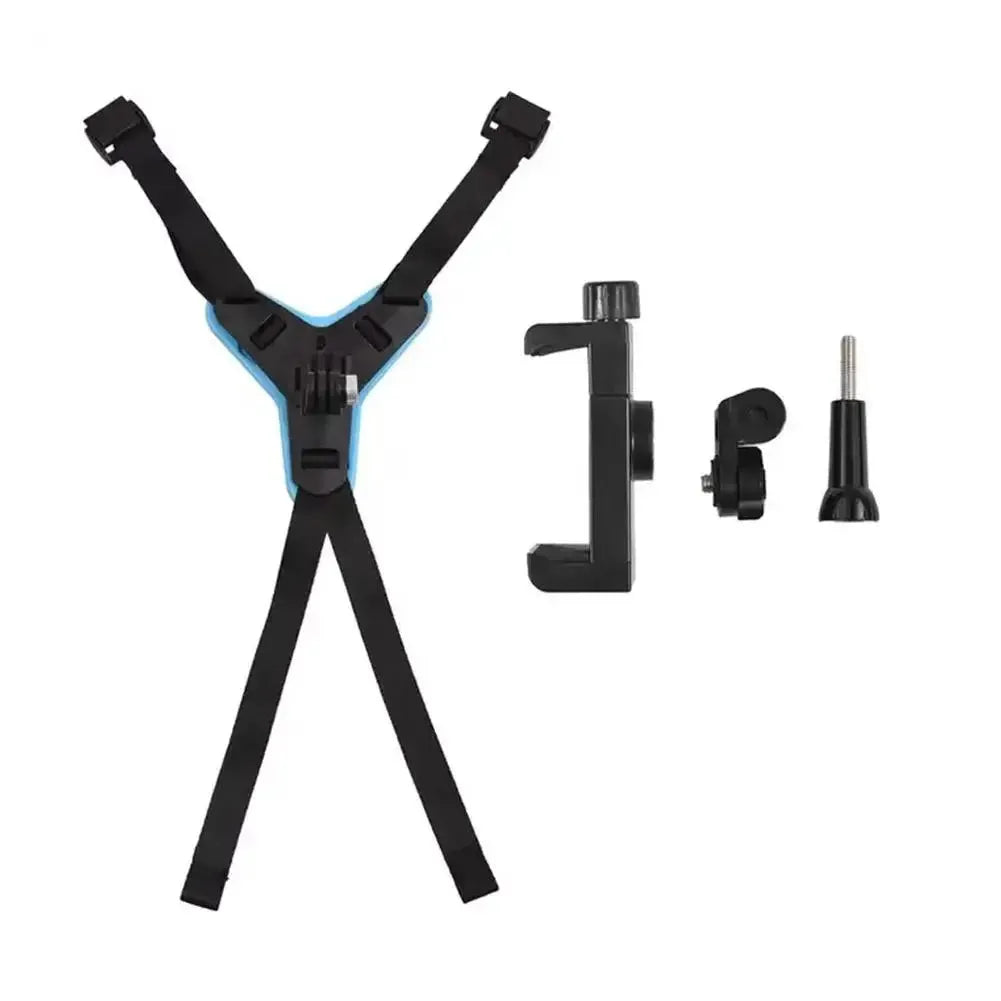 Blue motorcycle helmet chin strap mount kit with phone holder and mounting screw accessories.