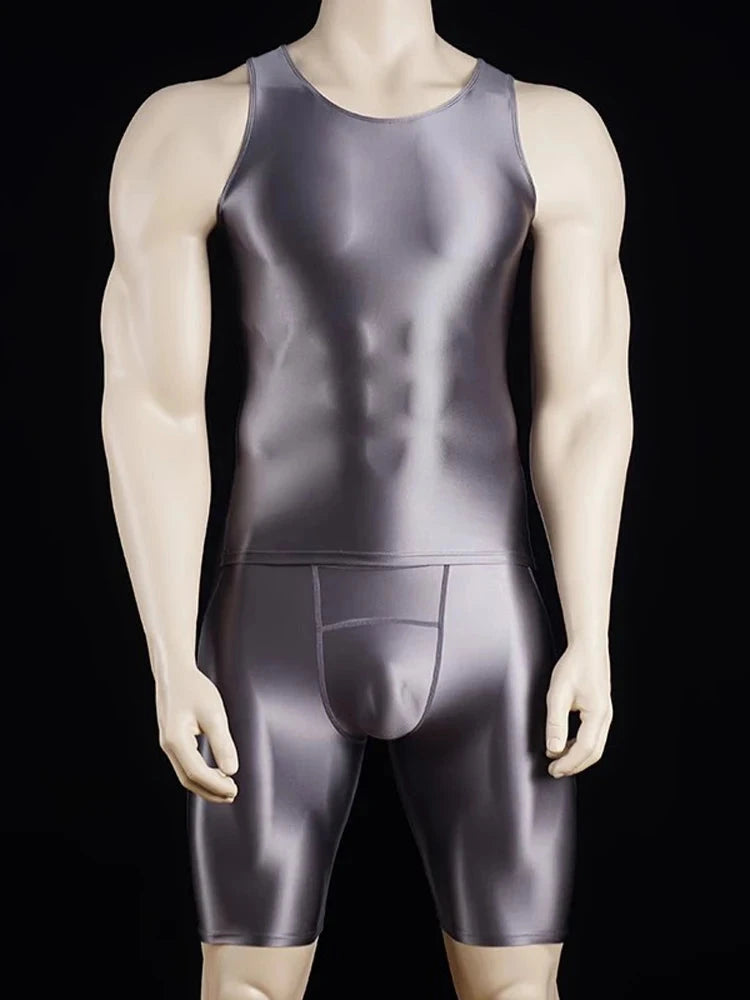 Men Thin Fitness vest Tights suit Slim Bottoms Satin Glossy Leggings Streetwear Athletic Shorts Quick-drying Compression Pants