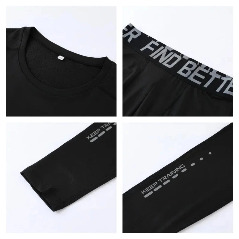 Close-up details of black Men Bodybuilding Sportswear Clothes Fitness Suit showing waistband, sleeve print, and stitching for durability and comfort.
