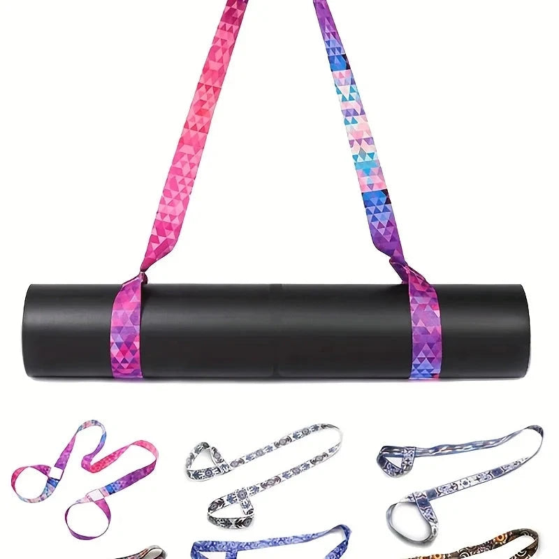 Black yoga mat secured with a pink geometric adjustable strap, shown with multiple color options. Versatile for carrying and bundling yoga mats.