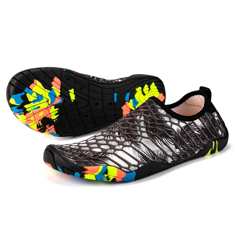 Unisex lightweight aqua shoes with colorful non-slip outsole, ideal for beach, gym, and outdoor activities.
