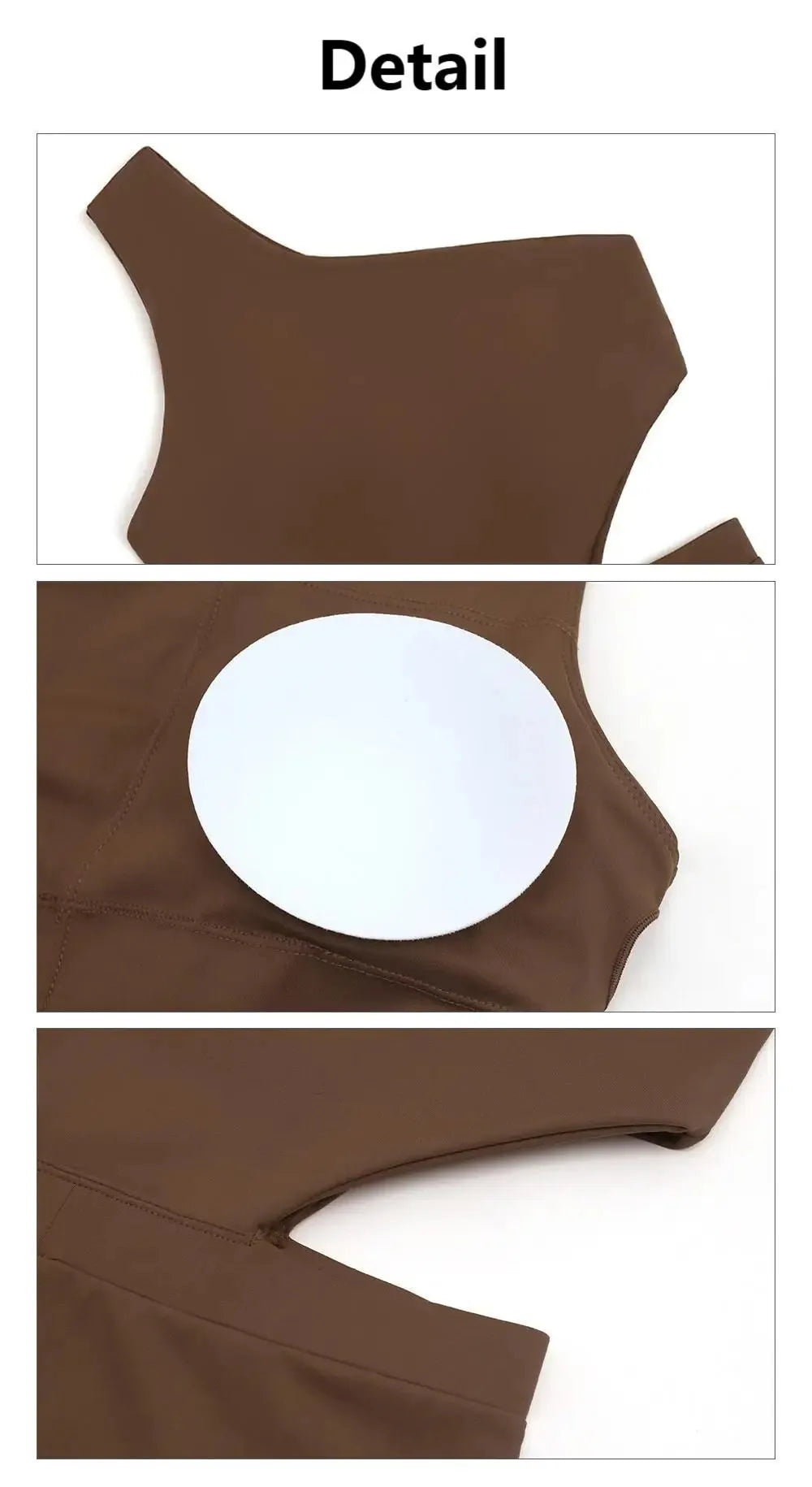 Close-up detail of brown one-shoulder jumpsuit showing padded insert, seamless stitching, and elastic fabric for comfort.