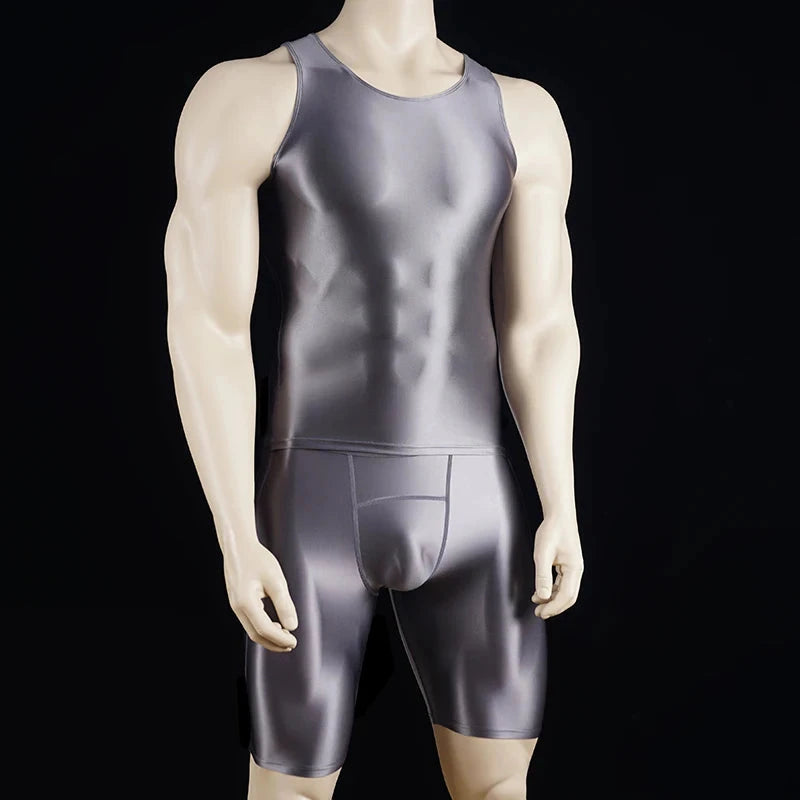 Men Thin Fitness vest Tights suit Slim Bottoms Satin Glossy Leggings Streetwear Athletic Shorts Quick-drying Compression Pants