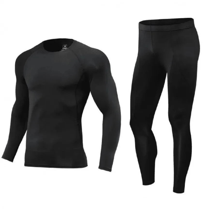 Plain black Men Bodybuilding Sportswear Clothes Fitness Suit with tight-fitting top and pants for gym training and running.