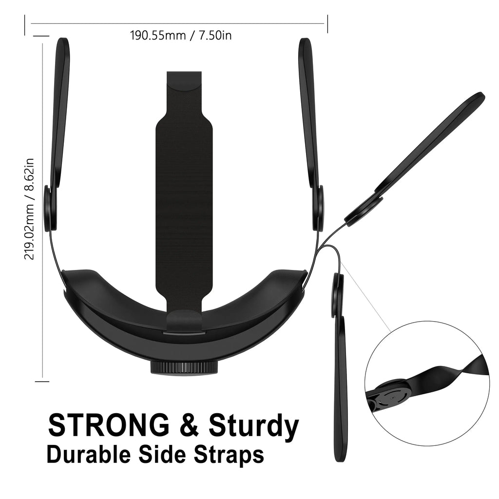 Black VR head strap for Quest 2 with strong side straps and precise measurements for secure and stable fit.
