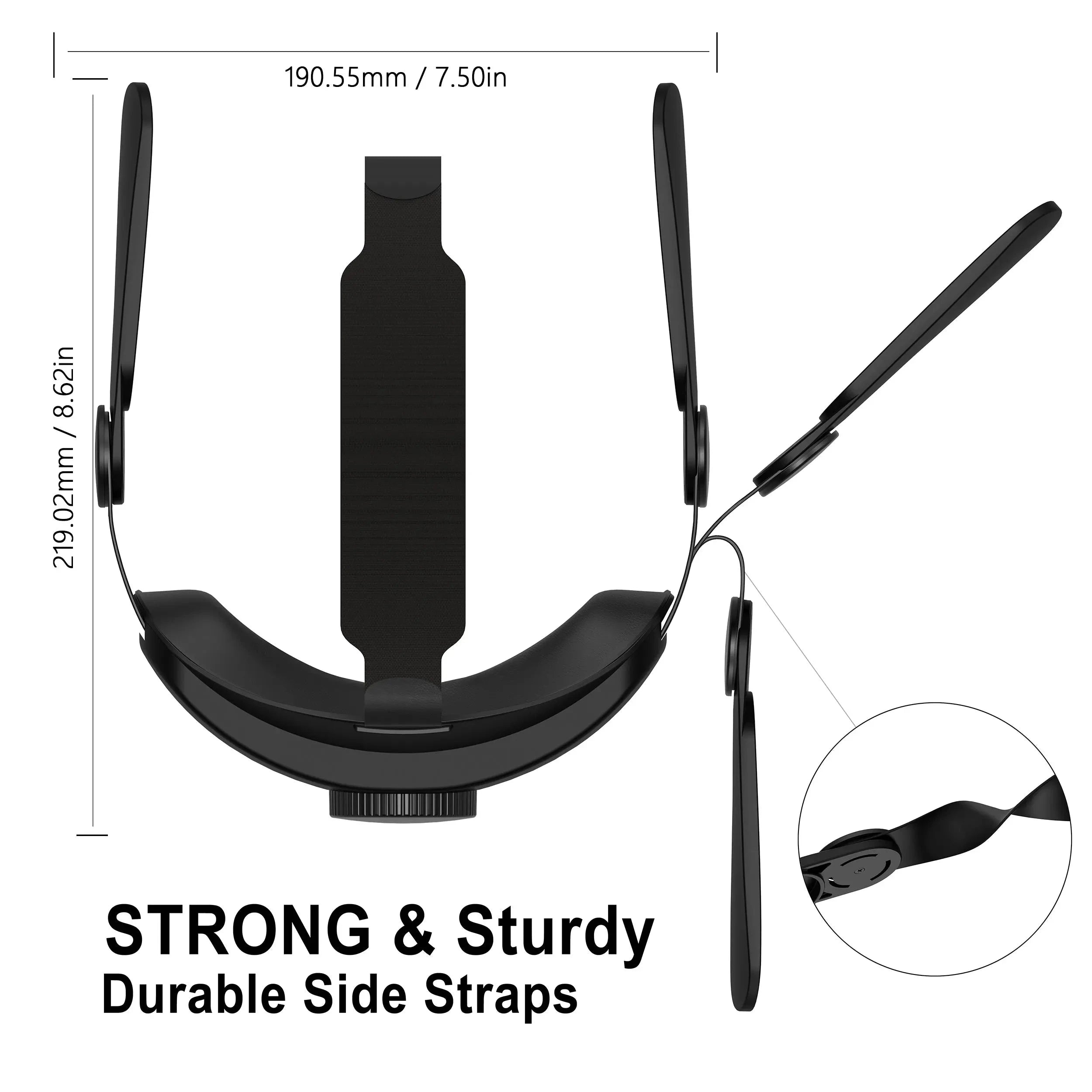 Black VR head strap for Quest 2 with strong side straps and precise measurements for secure and stable fit.